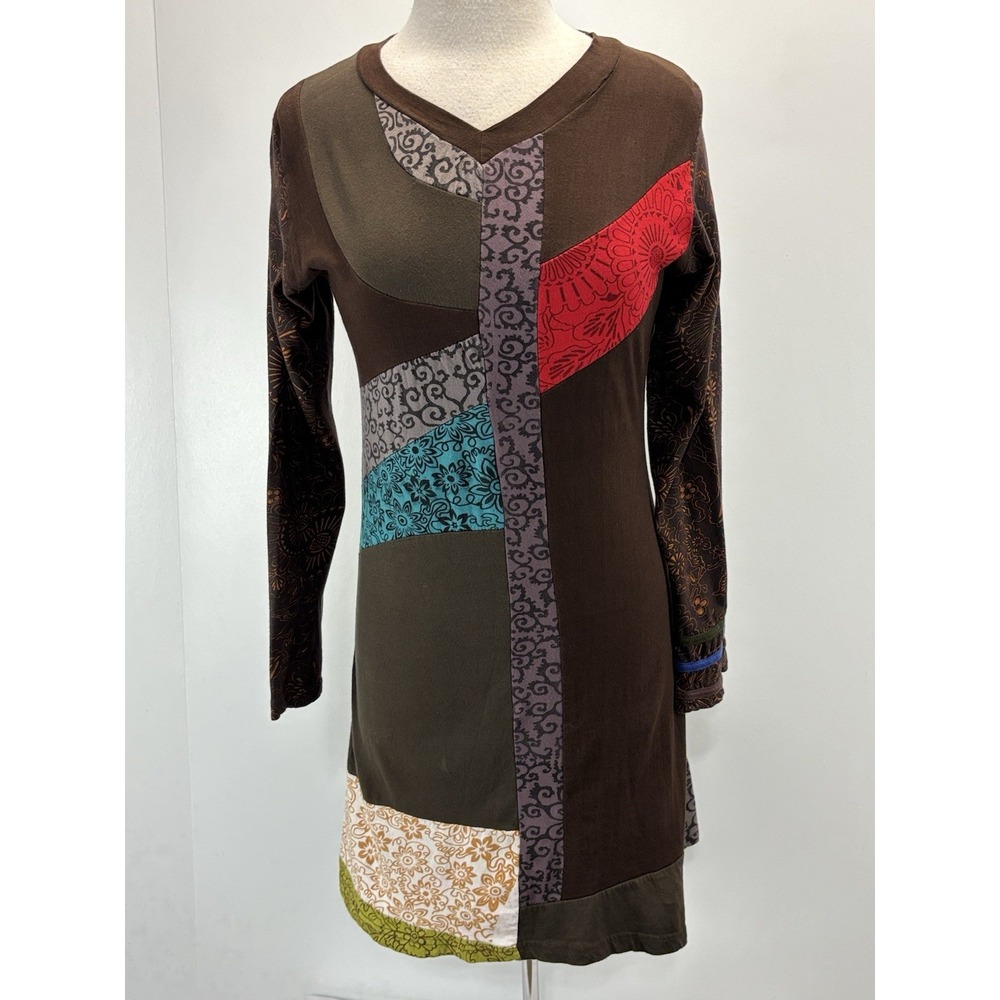 KATHMANDU IMPORTS Nepal 100% Cotton Mini Dress Chocolate Brown M L Hippie Boho